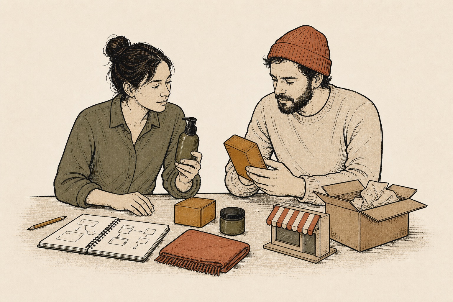 A merchant and product builder reviewing products, packaging, and a storefront workflow together