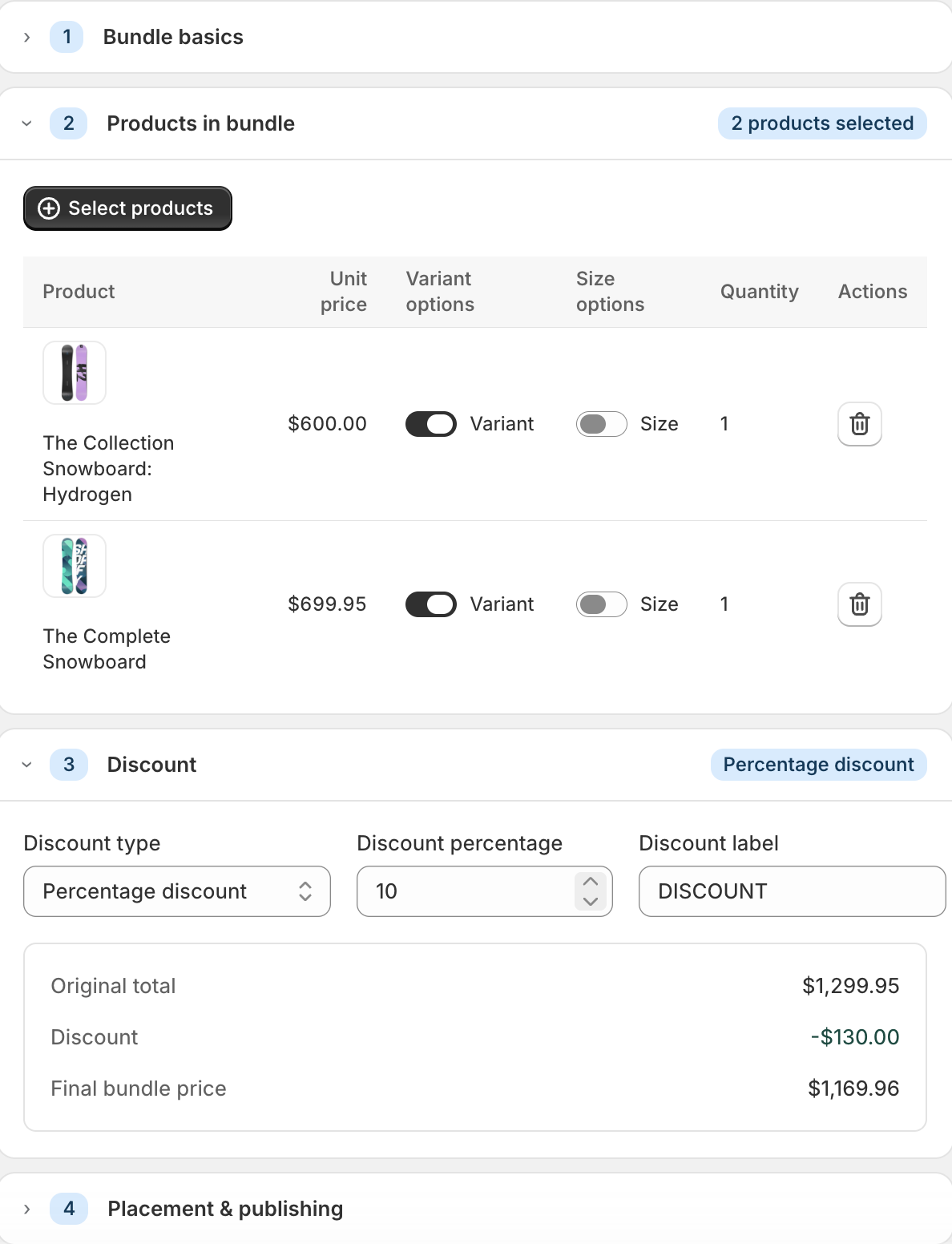 Kitforge Bundles fixed-kit builder showing products in a bundle and discount settings.